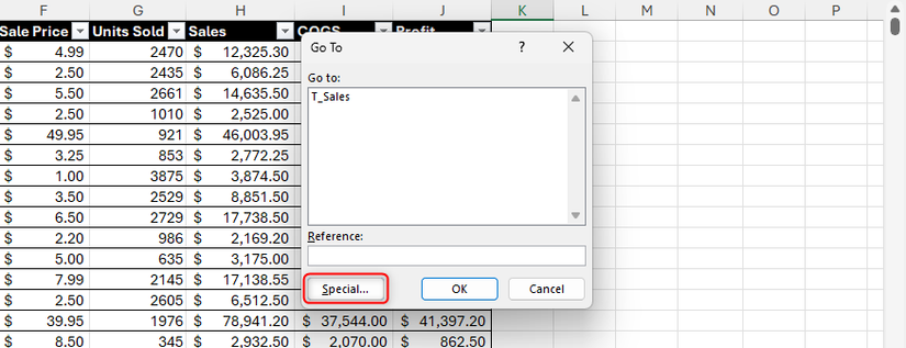Especial na caixa de diálogo Ir para do Excel está destacado.