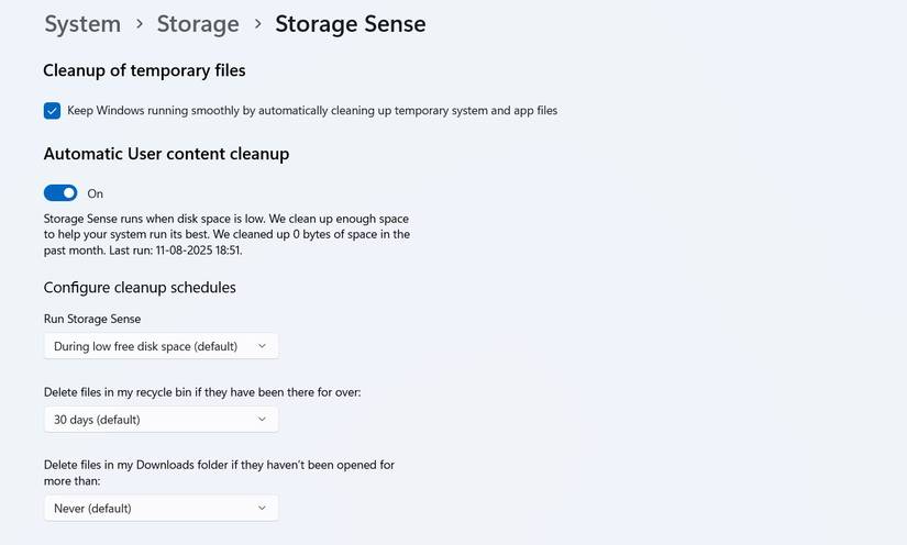 Опция Storage Sense в настройках Windows.