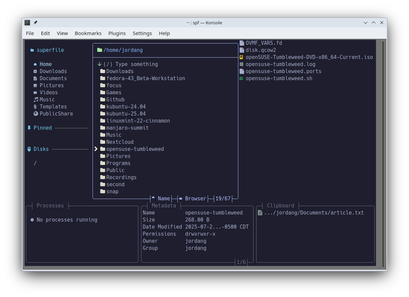 Superfile file manager in a Linux terminal.