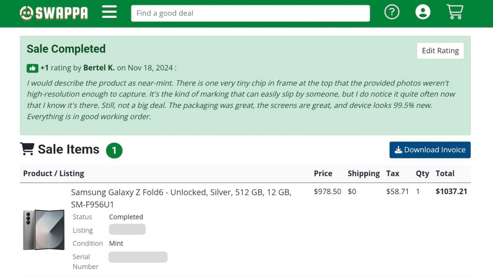 Swappa website showing a successfully purchased Galaxy Z Fold 6.