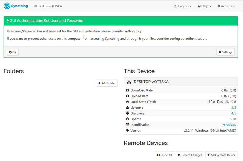 Uma captura de tela da ferramenta de sincronização de código aberto chamada Syncthing operando em um navegador da web.