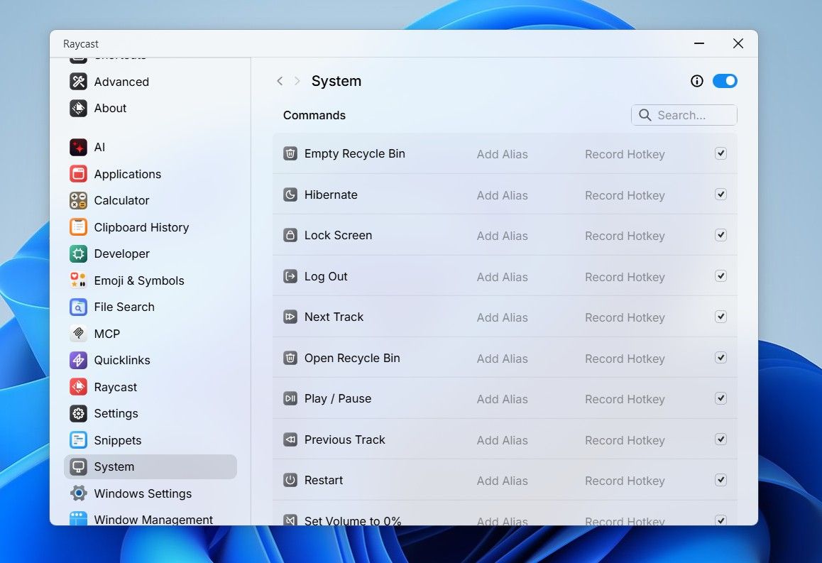 System option in Raycast.