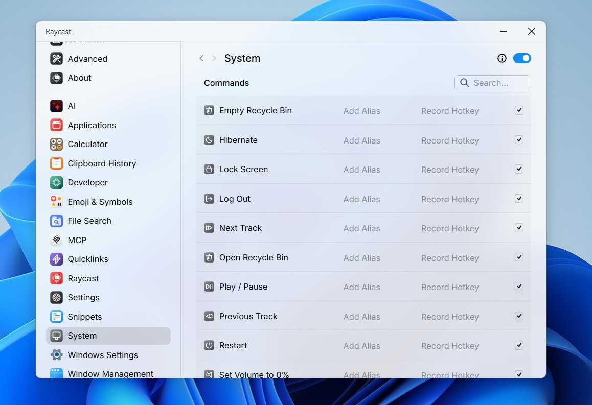System option in Raycast.