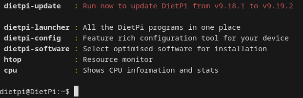 Saída do terminal mostrando uma atualização disponível para DietPi.