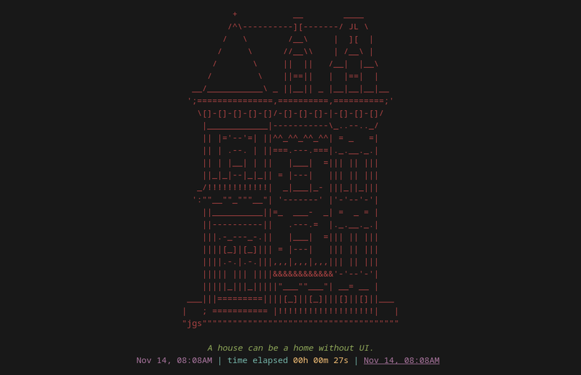 O comando arttime em um terminal Linux mostrando uma casa, uma cotação e um cronômetro.-1