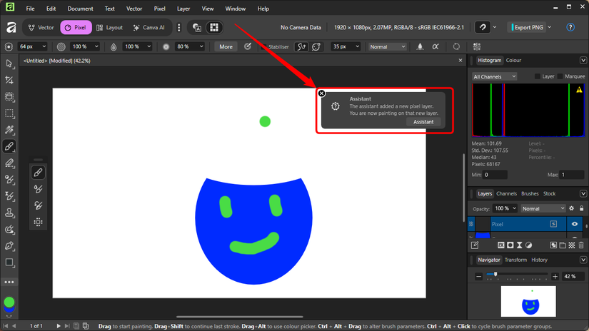 O pop-up do assistente no Affinity.
