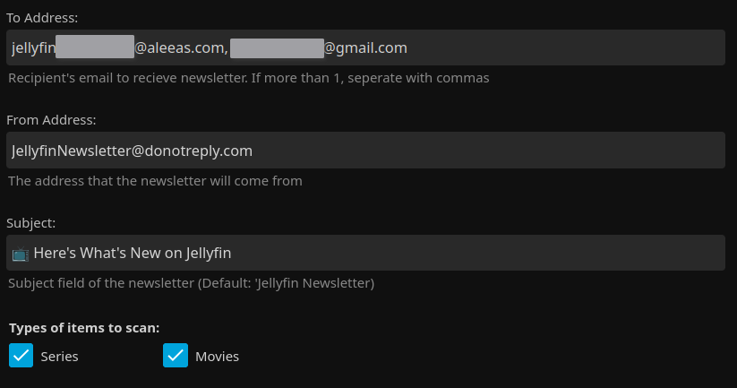 Basic configuration options for a Jellyfin newsletter.