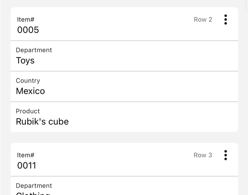 A visualização de cartões para as linhas 2 e 3 em uma tabela do Excel no aplicativo iOS.