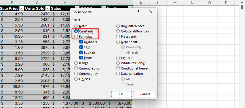 As opções Constantes e Fórmulas na caixa de diálogo Ir para especial do Excel.