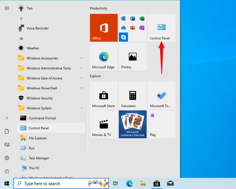 O ícone do Painel de Controle fixado no Menu Iniciar.