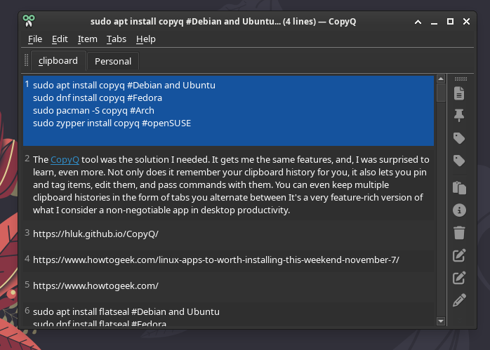 O menu CopyQ em um desktop Xfce Linux.-1