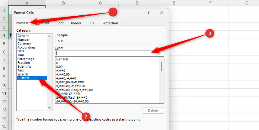 The Custom number format Category is selected in the Number tab of Excel's Format Cells dialog box.