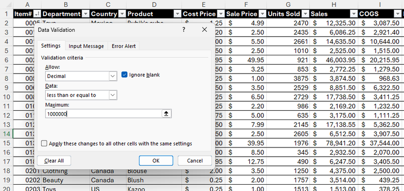 A caixa de diálogo Validação de dados no Excel, com Decimal selecionado no campo Permitir, Menor ou igual a no campo Dados e 1000000 no campo Máximo.