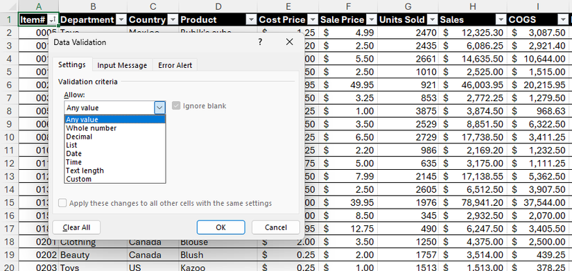 A caixa de diálogo Validação de dados no Excel, com o menu suspenso Permitir expandido.