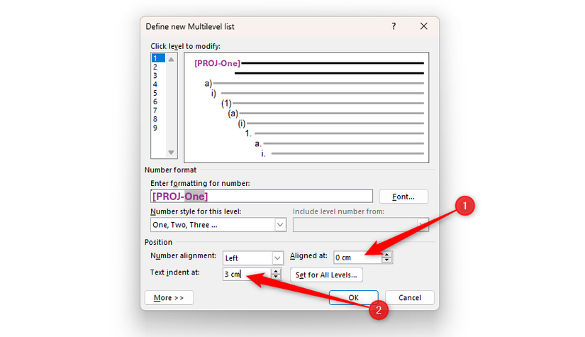 The Define New Multilevel List dialog box in Microsoft Word, with the Aligned At field set to 0 cm, and the Text Indent At field set to 3 cm.
