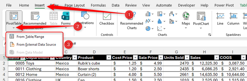 As diferentes opções para inserir uma tabela dinâmica no menu suspenso Tabela dinâmica do Excel na guia Inserir na faixa de opções.