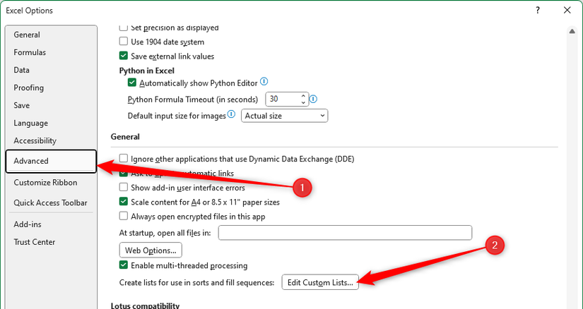 The Edit Custom Lists button in the Advanced menu of the Excel Options window.