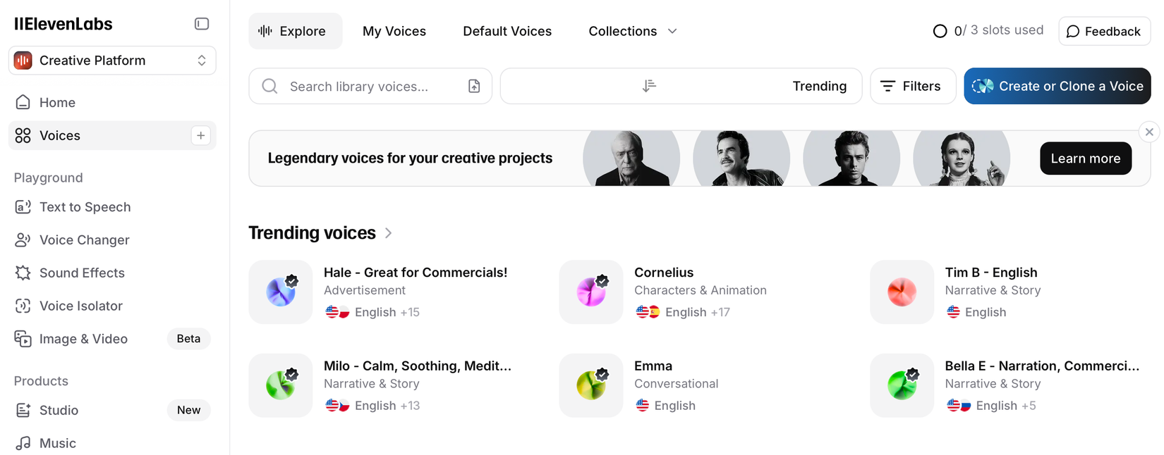 The ElevenLabs website showing some of the voices available for TTS.