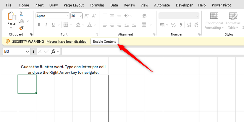 The Enable Content button in the Macro security warning message in Microsoft Excel.