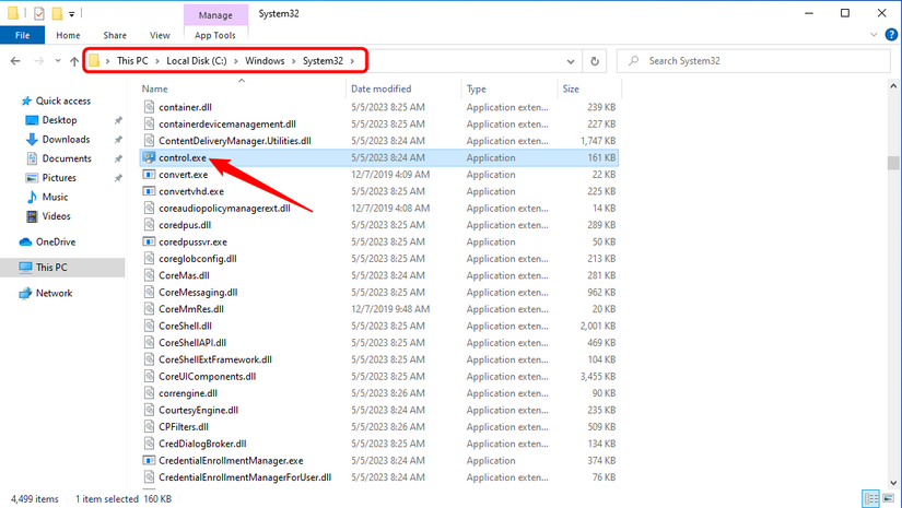 O executável do Painel de Controle localizado em System32.