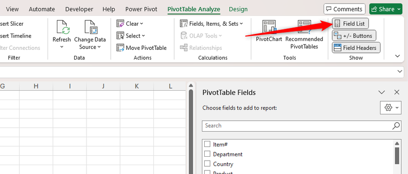 O botão Lista de Campos na guia Análise de Tabela Dinâmica no Excel.
