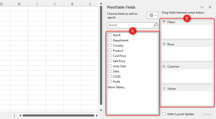 As seções Campos e Áreas do painel Campos da Tabela Dinâmica no Excel estão lado a lado.