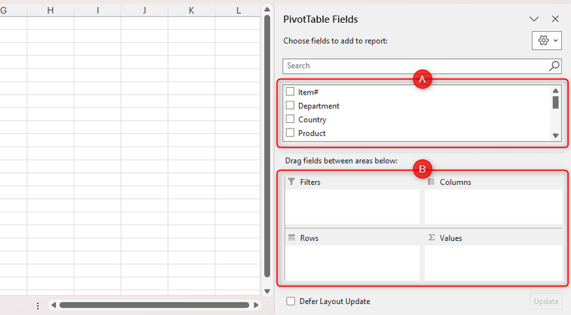 As seções Campos e Áreas do painel Campos da Tabela Dinâmica no Microsoft Excel.
