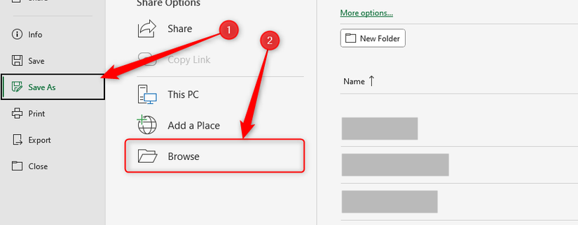 The File menu in Microsoft Excel, with Save As and Browse selected.