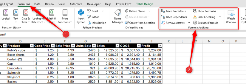 O grupo Auditoria de Fórmulas da guia Fórmulas do Excel.