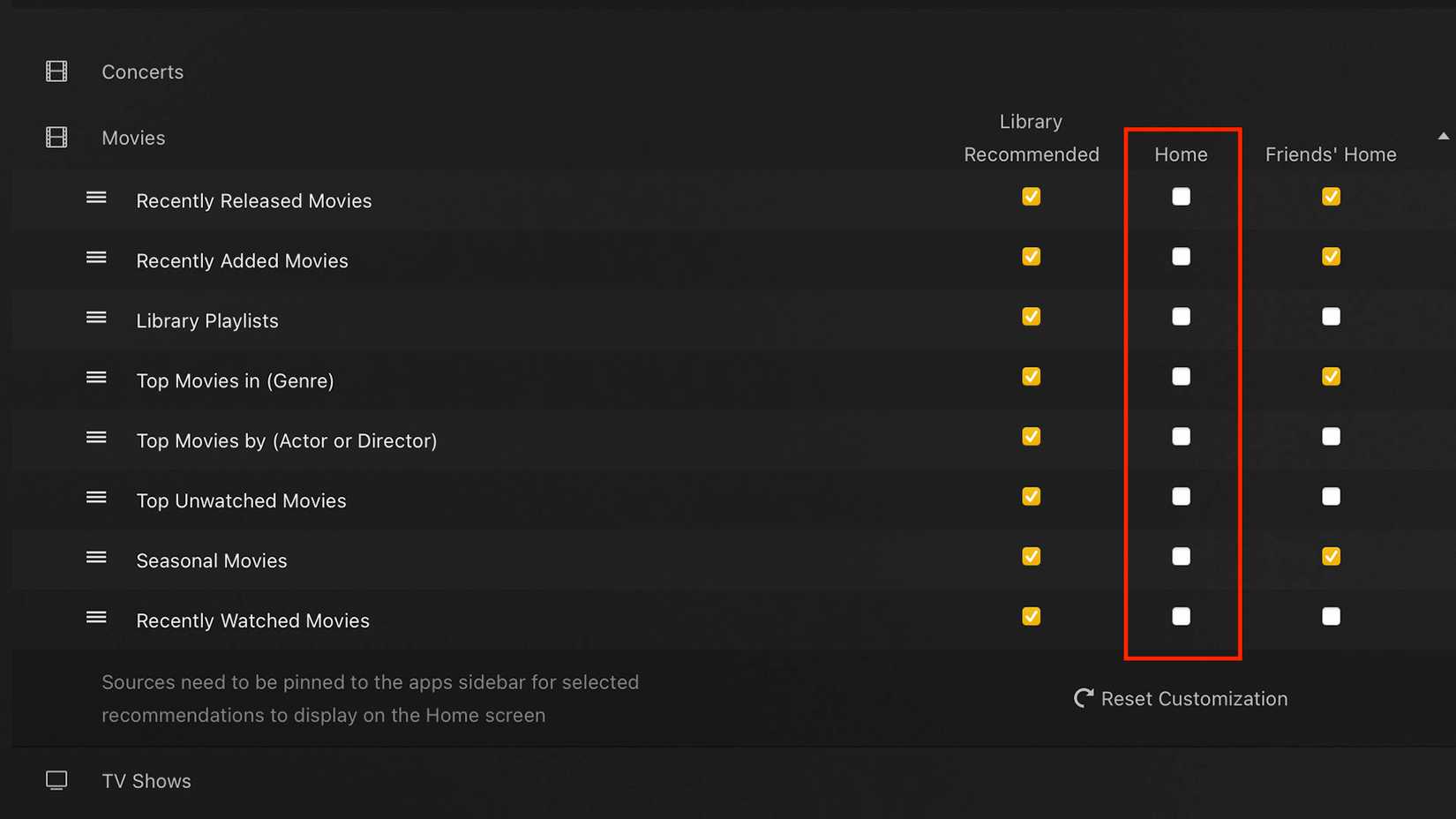 The full Movies dropdown with home screen preferences highlighted in Plex settings.