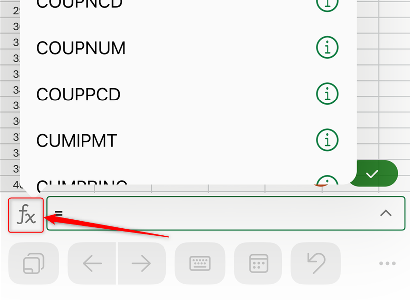 O ícone de função no aplicativo iOS Excel.