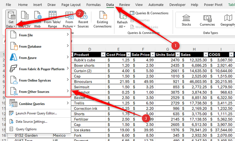 As opções Obter Dados na guia Dados na faixa do Excel.