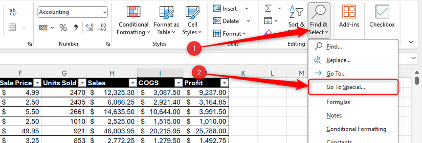 A opção Ir para especial no menu suspenso Localizar e selecionar na guia Página inicial da faixa de opções do Excel.