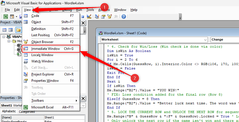 The Immediate Window option in the View drop-down menu of Excel's VBA editor is selected.