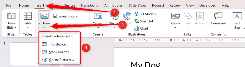 As opções Inserir imagem de na guia Inserir do PowerPoint.
