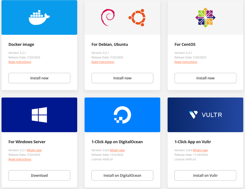 The installation options for the selfhosted ONLYOFFICE server.