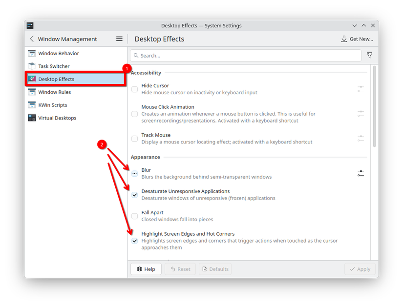 O aplicativo de configurações do KDE Plasma com o menu Desktop Effects aberto e setas apontando para vários efeitos.