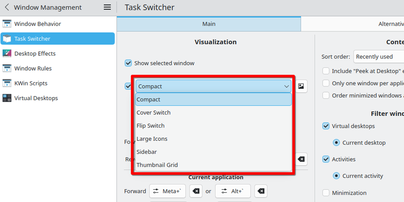 O aplicativo de configurações do KDE Plasma com as configurações do Task Switcher abertas e uma caixa vermelha ao redor das opções do menu suspenso de visualização.