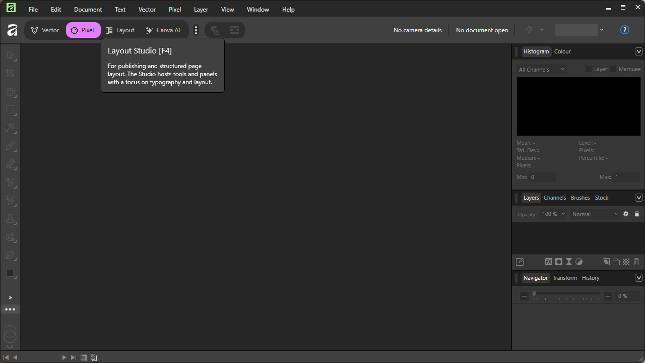 The Layout Studio tab description in Affinity.