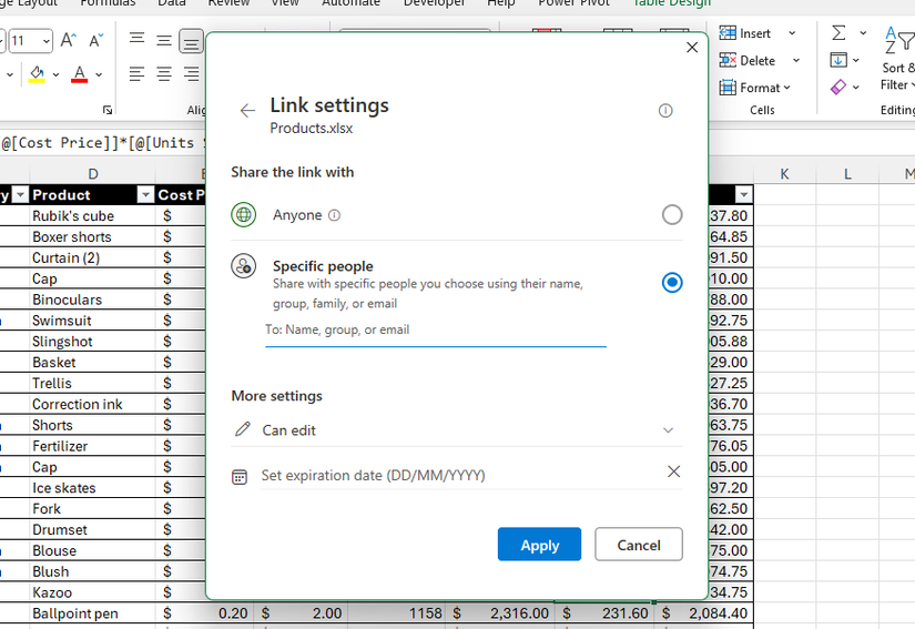 The Link Settings area of the link-copying window in Microsoft Excel.