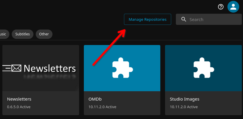 The Manage Repositories button in the Jellyfin plugin menu.