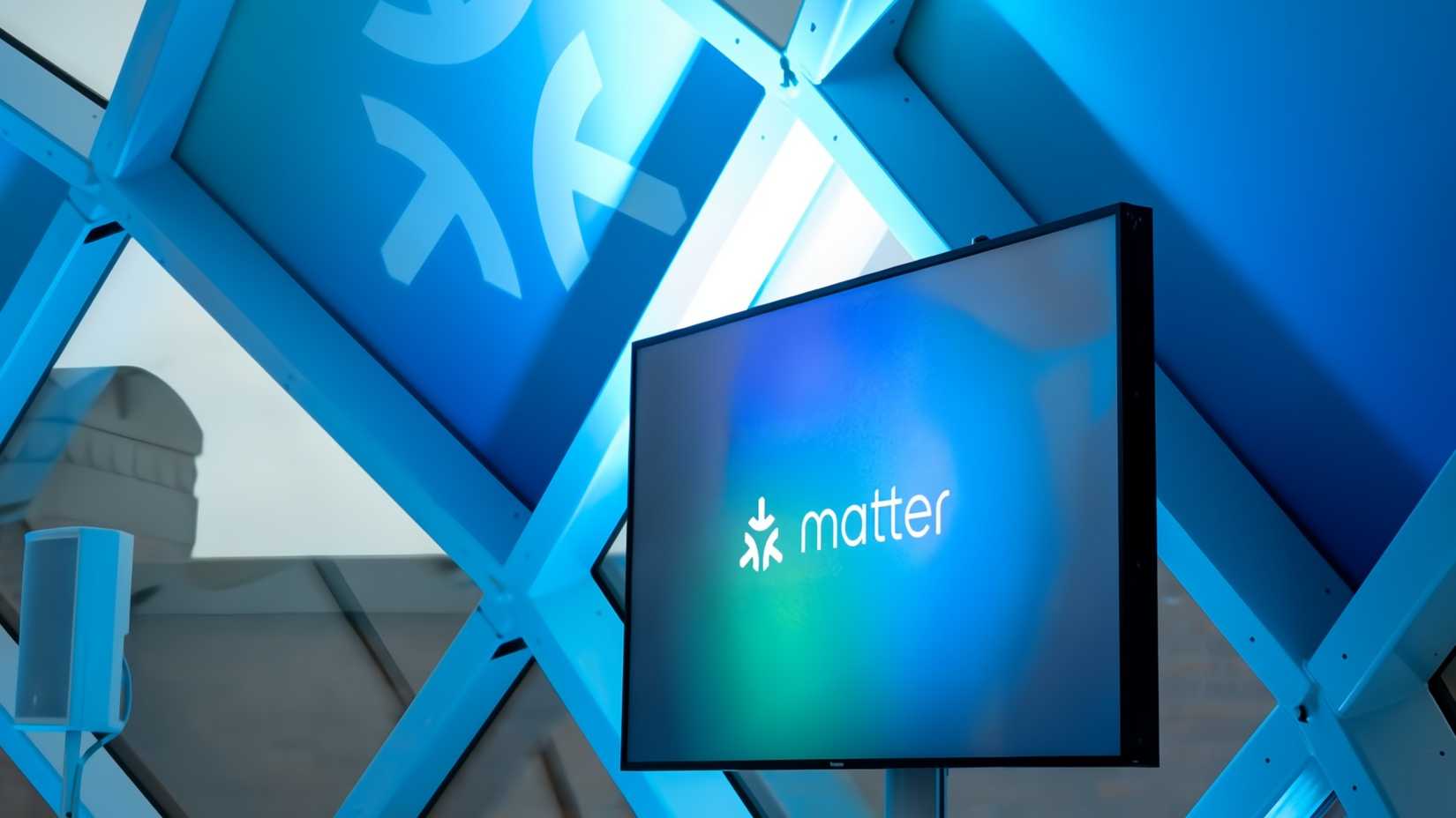 The Matter logo on a TV in a blue place