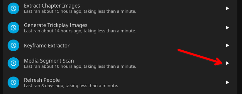A tarefa agendada de verificação do segmento de mídia no Jellyfin.