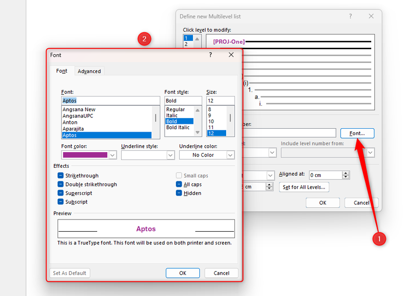 The Multilevel List Font dialog box in Microsoft Word, with the font changed to a bold purple.