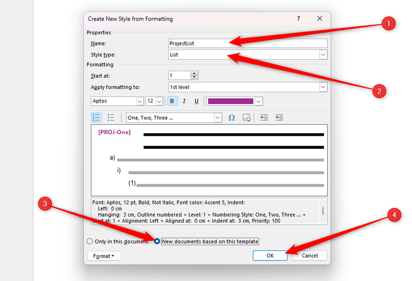 The Name and Style Type in Word's Create New Style From Formatting fields are populated, and the New Documents radio button is checked.