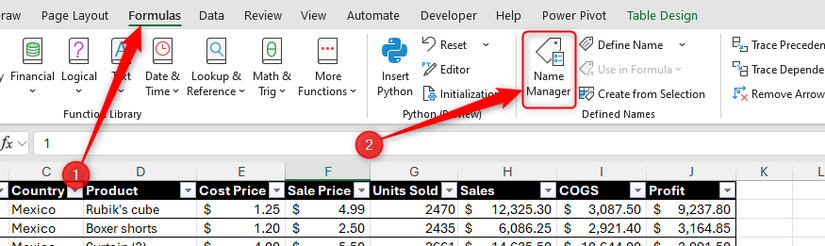 O botão Gerenciador de nomes na guia Fórmulas da faixa de opções do Excel.