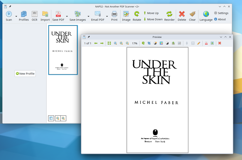 The NAPS2 application being used to modify a scanned image of a book title page.