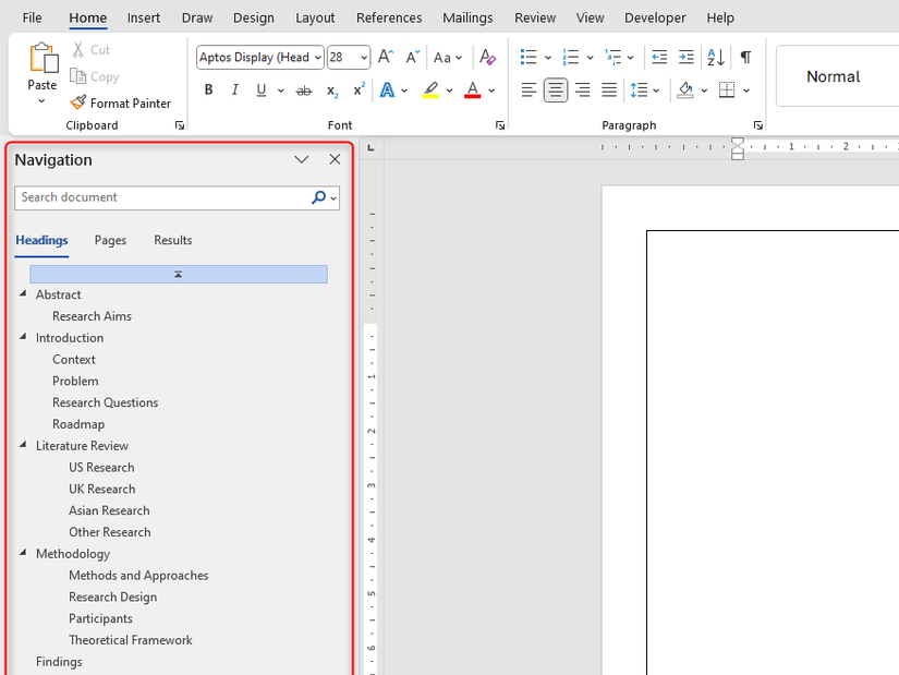 The Navigation pane for a dissertation in Microsoft Word.