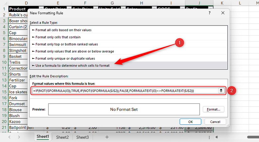 The New Formatting Rule dialog box in Excel, with Use A Formula selected, and a formula typed into the formula field.