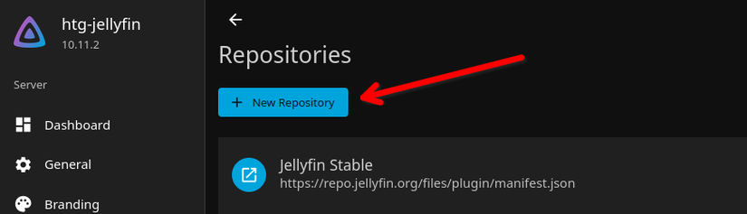 O botão Novo Repositório na tela de gerenciamento do repositório do plugin Jellyfin.